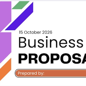 May include: A white background with geometric shapes in purple, blue, green, and orange. The text reads "Business PROPOSAL" in bold black font, with the date "15 October 2026" above. Below, it says "Prepared by:" with an arrow.