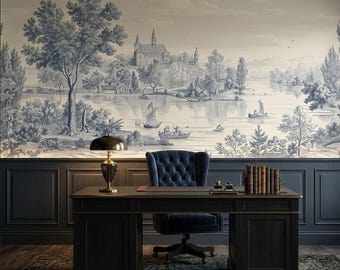 Blue Toile Wallpaper, French Country Landscape Wall Mural Peel and Stick, Vintage Pastoral Wall Covering for Elegant Interiors
