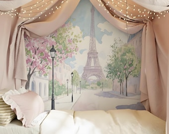 Paris Nursery Wallpaper, Eiffel Tower Kids Room Wall Mural Peel and Stick, Soft Pink Parisian Wall Covering for Baby Girl Nursery
