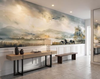 Watercolor Landscape Wallpaper, Serene Lake Wall Mural, Misty Mountain Wallpaper, Horse Landscape Wallpaper, Neutral Nature Wall Decor.