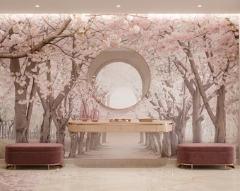 Sakura Wallpaper Peel and Stick, Cherry Blossom Tree Tunnel Wall Mural, Soft Pink Wall Covering