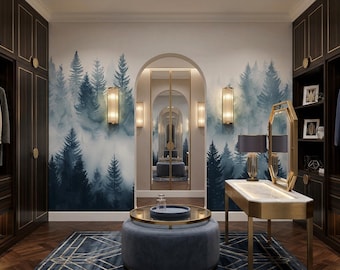 Misty Pine Forest Peel and Stick Wallpaper, Nordic Foggy Trees Wall Mural, Woodland Covering