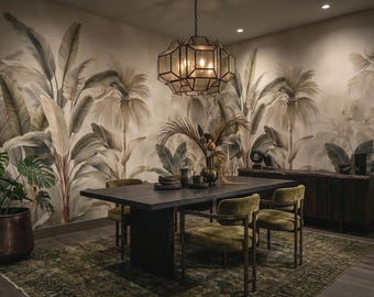 Neutral Tropical Palm Leaf Mural, Peel and Stick Botanical Wallpaper (Custom Size)