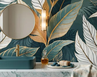 Teal And Gold Wallpaper, Tropical Leaf Wall Mural, Luxury Botanical Wallpaper, Elegant Palm Leaf Wallpaper, Modern Nature Statement Wall