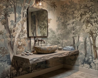 Vintage Toile Forest Wallpaper, Woodland Path Wall Mural (Peel and Stick)
