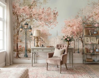 Paris Spring Blossom Wall Mural Peel and Stick Wallpaper, Romantic Cherry Blossom Street Wallpaper, Vintage Floral Wall Covering