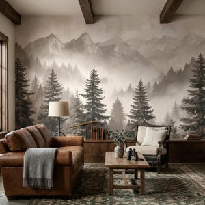 Mountain Forest Peel and Stick Wall Mural, Rustic Landscape Wallpaper, Cabin Decor