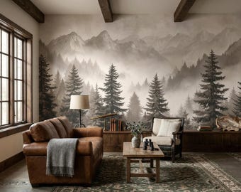 Mountain Forest Peel and Stick Wall Mural, Rustic Landscape Wallpaper, Cabin Decor