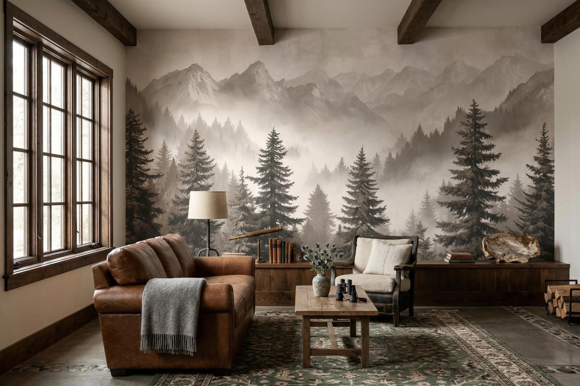Mountain Forest Peel and Stick Wall Mural, Rustic Landscape Wallpaper ...