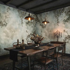 May include: A dining room scene featuring a wooden table set for a meal. The room has a dark ceiling and walls with a tree branch design. Two pendant lights hang above the table, and a candelabra sits on a side table.