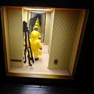 Może przedstawiać: Diorama przedstawiająca postać w ż&oacute;łtym kombinezonie trzymającą ż&oacute;łty kanister w korytarzu z ż&oacute;łtą tapetą we wzory. Po lewej stronie stoi wysoka, cienka czarna postać. Lustra na obu końcach tworzą efekt nieskończonego odbicia.