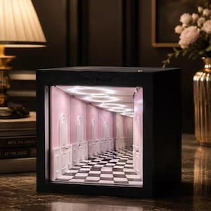 Könnte beinhalten: Eine schwarze Box mit dem Text "Blue Dream" oben, die eine Miniatur-Flurszene zeigt. Der Flur hat rosa Wände, weiße Türen und einen schwarz-weißen Schachbrettboden. Die Szene wird von kleinen Lichtern beleuchtet.