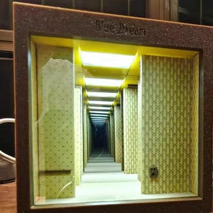 Peut inclure: Une boîte d'ombre rectangulaire avec un cadre brun foncé portant l'inscription Blue Dream gravée sur le dessus. L'intérieur présente un effet de miroir à l'infini illuminé créant un long couloir aux murs jaunes avec papier peint et plafonniers.