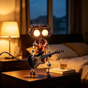 May include: A robot-shaped desk lamp constructed from copper-coloured metal pipes and joints. The head features two glowing circular light bulbs as eyes. The figure holds a miniature black and white electric guitar, with a black power cord extending.