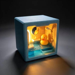 Peut inclure: Une veilleuse cubique bleu clair représentant un intérieur de salle de bain miniature. À l'intérieur, un canard en caoutchouc jaune est placé près d'un petit lavabo, d'un miroir et d'un pommeau de douche. La scène est éclairée par une lueur chaude.