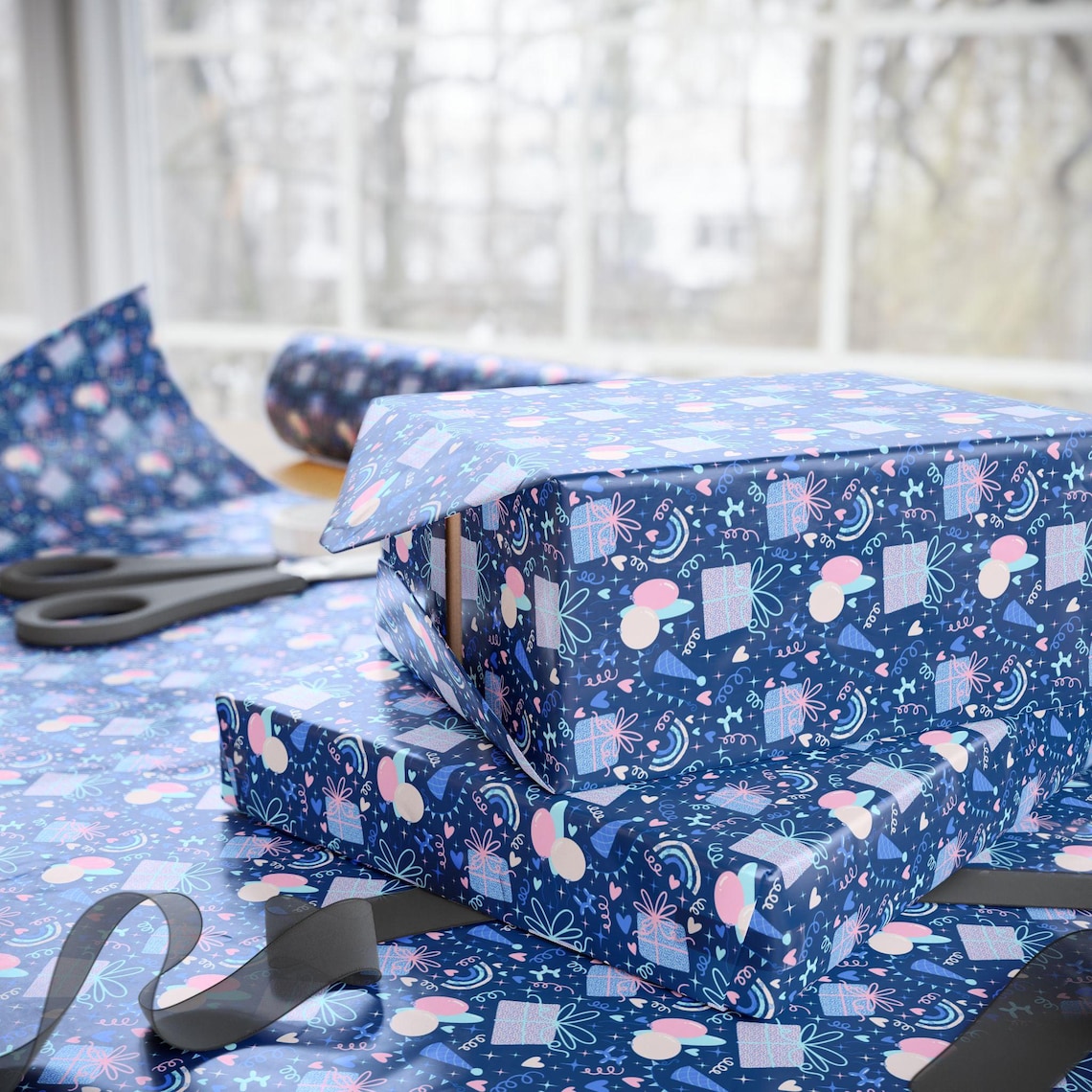 Birthday Wrapping Paper Roll - Blue Pastel Rainbow Pattern - Etsy