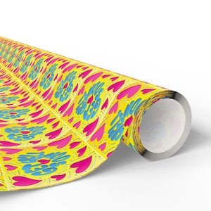 May include: A roll of wrapping paper featuring a bright yellow background with a repeating pattern of vibrant pink hearts and blue text that reads GET WELL SOON. The design is printed across the entire surface of the paper roll.