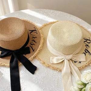Personalized Beach Hat,Custom Name Sun Hat with Bow,Bridesmaid Gift,Bachelorette Party Favor,Floppy Straw Hat for Summer Vacation,Bride Gift
