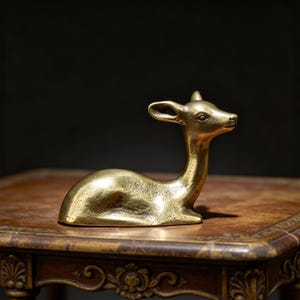 Op de afbeelding: Een messing hertfiguur in rustpositie. De sculptuur heeft een glad, gepolijst oppervlak met details zoals oren en gezichtskenmerken. Het hert zit op een houten tafel met sierlijke gravures, tegen een donkere achtergrond.