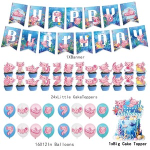 Op de afbeelding: Een verjaardagsdecoratieset met een banner met de tekst "HAPPY BIRTHDAY" en axolotl-illustraties. De set bevat cupcake toppers, ballonnen en een taarttopper, allemaal met een axolotl thema. De ballonnen zijn 40.6x30.5 cm groot.