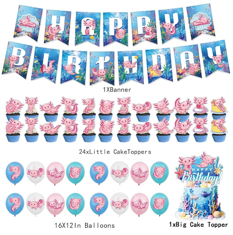 Op de afbeelding: Een verjaardagsdecoratieset met een banner met de tekst "HAPPY BIRTHDAY" en axolotl-illustraties. De set bevat cupcake toppers, ballonnen en een taarttopper, allemaal met een axolotl thema. De ballonnen zijn 40.6x30.5 cm groot.