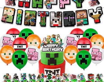 Pixelgame-set voor verjaardagsfeestje | Banner, ballonnen, taart- en cupcaketoppers | Feestartikelen voor kinderen