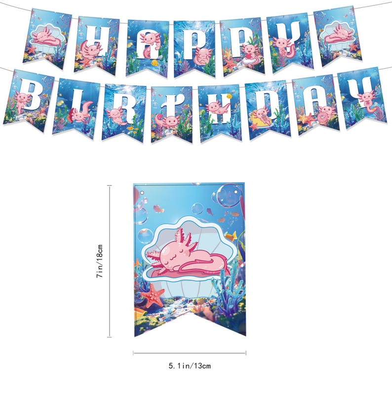 Op de afbeelding: Een blauw-wit vlaggenlijn met de woorden "HAPPY BIRTHDAY" en illustraties van axolotls. De vlaggenlijn is gemaakt van individuele vlaggetjes, elk met een letter of axolotl-afbeelding. De vlaggenlijn is 18 cm x 46 cm.