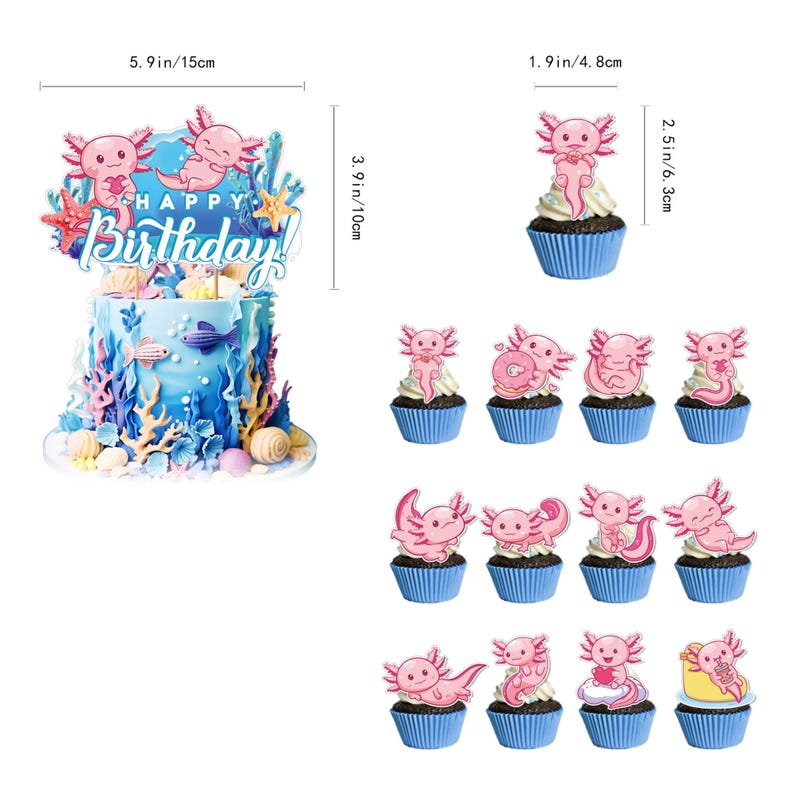 Op de afbeelding: Een blauwe verjaardagstaart met axolotl-decoraties en de tekst "Happy Birthday!". De taart is omringd door axolotl cupcake toppers. De taart is 15 cm breed en 10 cm hoog.