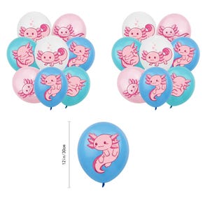 Op de afbeelding: Een verzameling kleurrijke ballonnen met axolotl-ontwerpen. De ballonnen zijn in tinten blauw, roze en wit. E&eacute;n ballon is 30 cm. Deze ballonnen zijn perfect voor een verjaardagsfeest of andere viering.