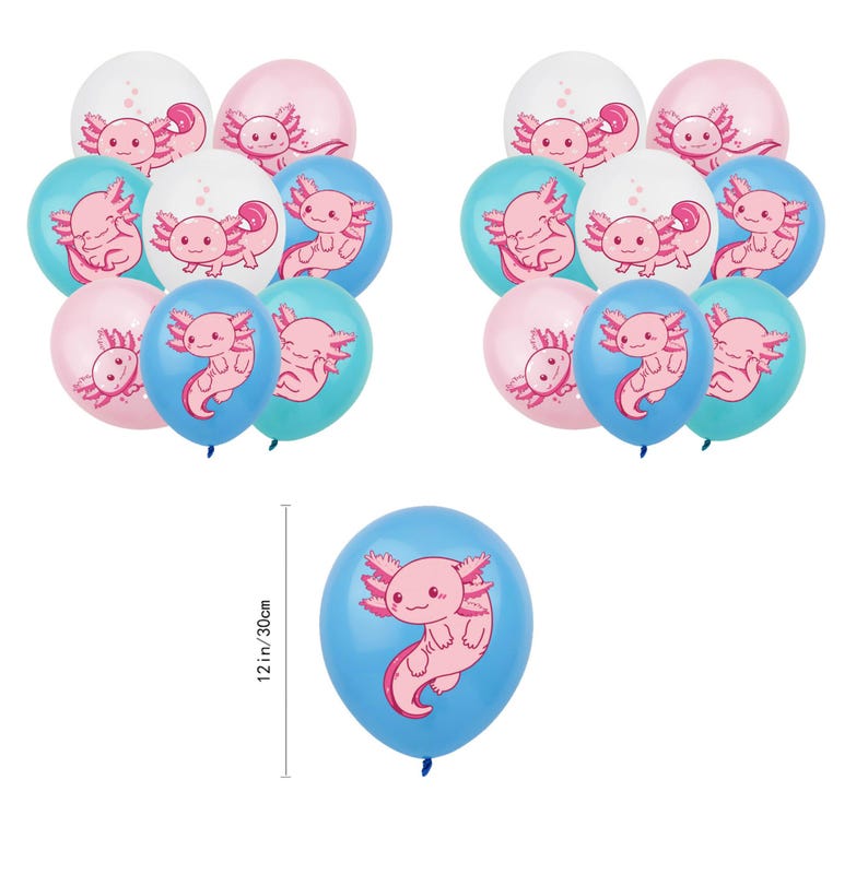 Op de afbeelding: Een verzameling kleurrijke ballonnen met axolotl-ontwerpen. De ballonnen zijn in tinten blauw, roze en wit. E&eacute;n ballon is 30 cm. Deze ballonnen zijn perfect voor een verjaardagsfeest of andere viering.
