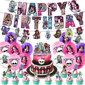 May include: A birthday party set with a cake, cupcakes, balloons, and a banner. The cake has a skull and bow design. The banner spells "Happy Birthday" with character illustrations. Balloons and cupcakes complete the party theme, perfect for a celebration.