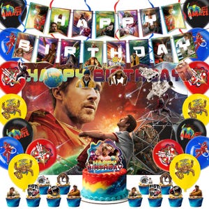 May include: A birthday party scene with a cake, cupcakes, balloons, and a banner that says "Happy Birthday." The cake is decorated with a superhero theme. Balloons feature superhero graphics. The scene is colorful and festive.