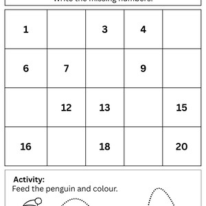Può includere: Foglio di lavoro in bianco e nero per esercitarsi con i numeri da 1 a 20. Include una griglia con i numeri mancanti da completare e un'attività per nutrire e colorare un pinguino. Il foglio ha spazi per nome e data.