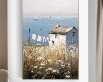 Rustic Landscape Oil Painting Coastal Farmhouse Cottagecore Wall Decor Vintage Countryside Texture Wildflower Meadow Canvas Art