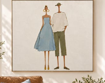 Modern Couple Oil Painting, Minimalist Figurative Whimsical Man and Woman Painting, Fashion Inspired Wall Art, Textured Neutral Canvas Art