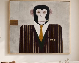 Monkey in Suit Oil Painting Whimsical Animal Portrait Vintage Style Chimp Wall Art For Living Room Entryway Hand Painted Quirky Office Decor