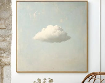 Single Cloud Original Oil Painting Large Blue Sky Wabi-Sabi Minimalist Wall Art Modern Soft Beige and Pale Sky-Blue Tones Canvas Art