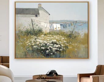 Rustic Landscape Original Oil Painting Coastal Farmhouse Cottagecore Canvas Art Vintage Countryside Texture Meadow Living Room Decor