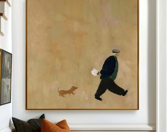 Abstract Papa & Puppy Original Oil Painting Minimalist Folk Man Walking With Dog Canvas Art Large Beige Figure Neutral Wabi Sabi Wall Decor