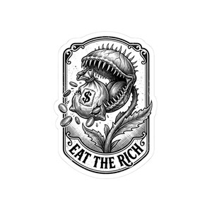 Venus Flytrap Eating Money Kiss-Cut Stickers | Eat The Rich, Vintage Woodcut