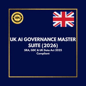 Puede incluir: Gráfico azul marino con borde dorado y bandera de la Union Jack en la esquina superior derecha. El texto dice "UK AI GOVERNANCE MASTER SUITE (2026)" con texto adicional que indica el cumplimiento de SRA, GDC & UK Data Act 2025.