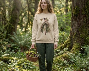 Victorian Witch Illustration Sweatshirt | Cottagecore Spellcaster, Vintage Botanical