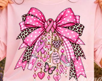 Breast Cancer Awareness PNG, Pink Ribbon Bow Shirt Design, Leopard & Polka Dot Digital Download