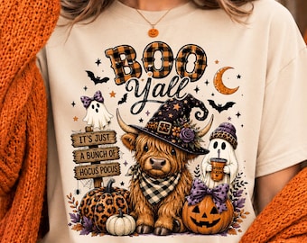 Highland Cow Halloween PNG, Cute Ghost Pumpkin PNG, Spooky Season Shirt Design, Western Cow Fall Sublimation