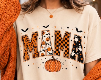 Fall Mama Pumpkin PNG, Retro Halloween Mama Shirt Design, Leopard Checkered Ghost Pumpkin Sublimation PNG, Autumn Mom Clipart, Spooky Mama