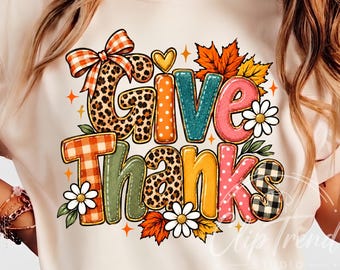 Give Thanks Png, Fall Thanksgiving Shirt Design, Leopard Autumn Png, Fall Checkered Polka Dot png, Digital Download