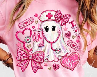 Breast Cancer Awareness Nurse PNG, Pink Ribbon Nurse Shirt Design, Pink Bow Medical Clipart, Halloween Ghost Cancer Png, Digital Download