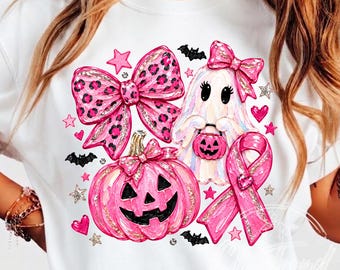 Breast Cancer Awareness PNG, Pink Ribbon Halloween PNG, Pink Ghost Pumpkin Shirt Design, October Breast Cancer Sublimation, Digital Download