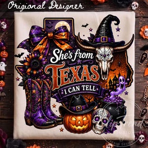 Texas Halloween PNG, She's From Texas I Can Tell PNG, Western Witch Cowgirl Sublimation Design, Spooky Texas Boots Pumpkin Skull Shirt PNG