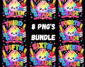 Glitter Dumpling School Bundle PNG, Kindergarten to Seventh Grade, Kawaii Back to School Shirt Design, Digital Download